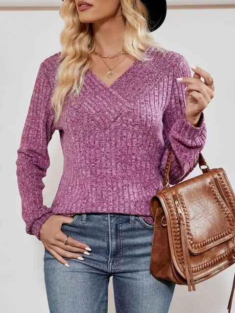 V-Neck Ribbed Long Sleeve Top (4 Colors)