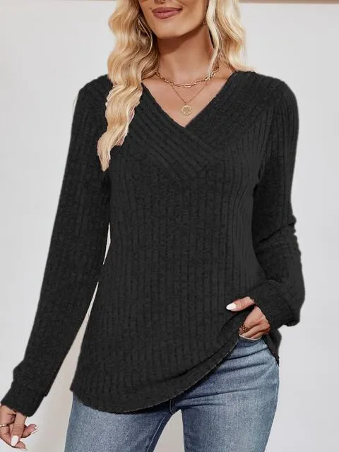 V-Neck Ribbed Long Sleeve Top (4 Colors)