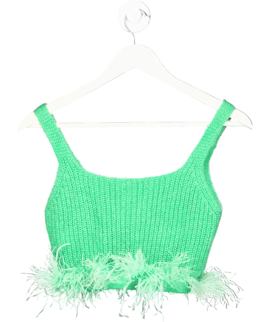 Vicolo Green Ribbed Crop Top With Feathers One Size