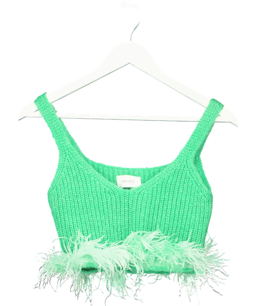 Vicolo Green Ribbed Crop Top With Feathers One Size