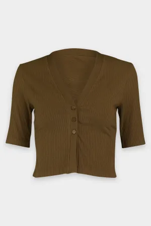 Viscose Rib Cropped Half Sleeve Cardigan in Fatigue