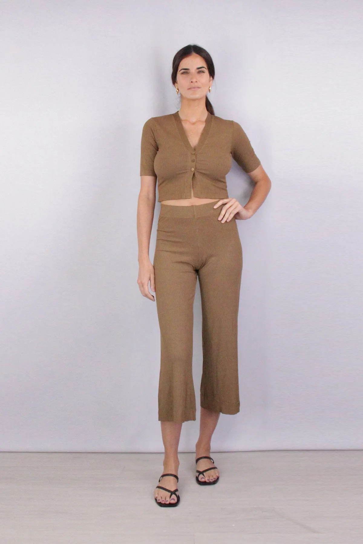 Viscose Rib Cropped Half Sleeve Cardigan in Fatigue