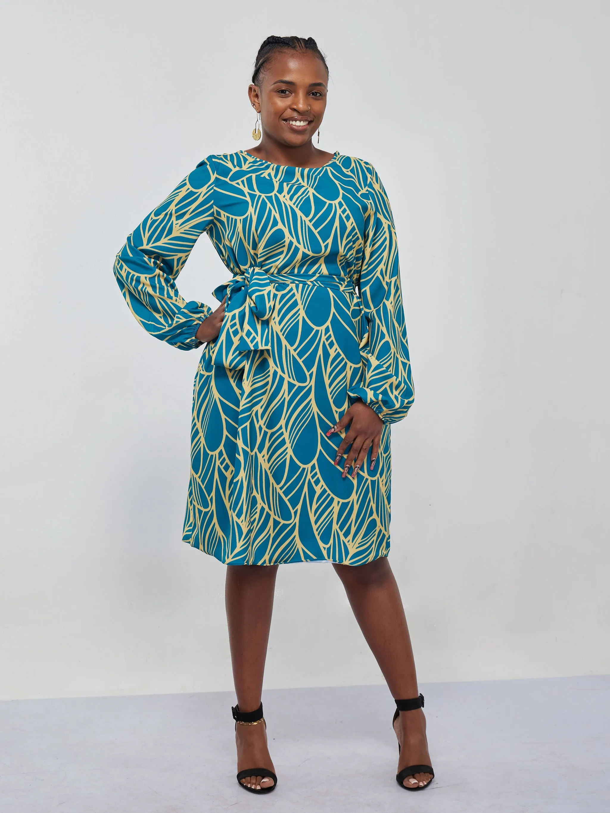 Vivo Zawadi Shift Dress - Blue / Yellow Abstract Print