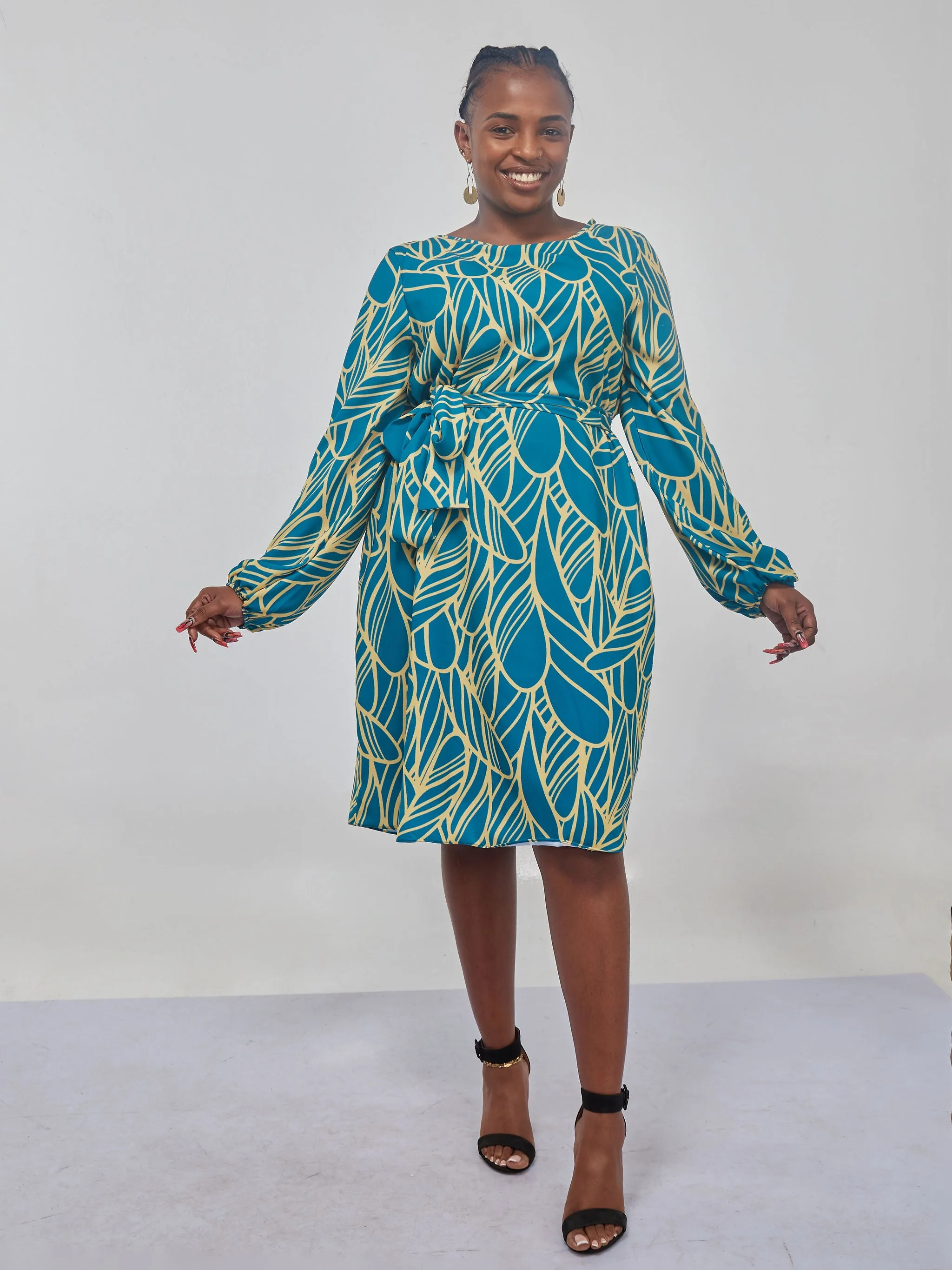 Vivo Zawadi Shift Dress - Blue / Yellow Abstract Print