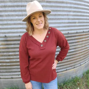 Waffle Knit V Neck Button Detail Long Sleeve - Rust