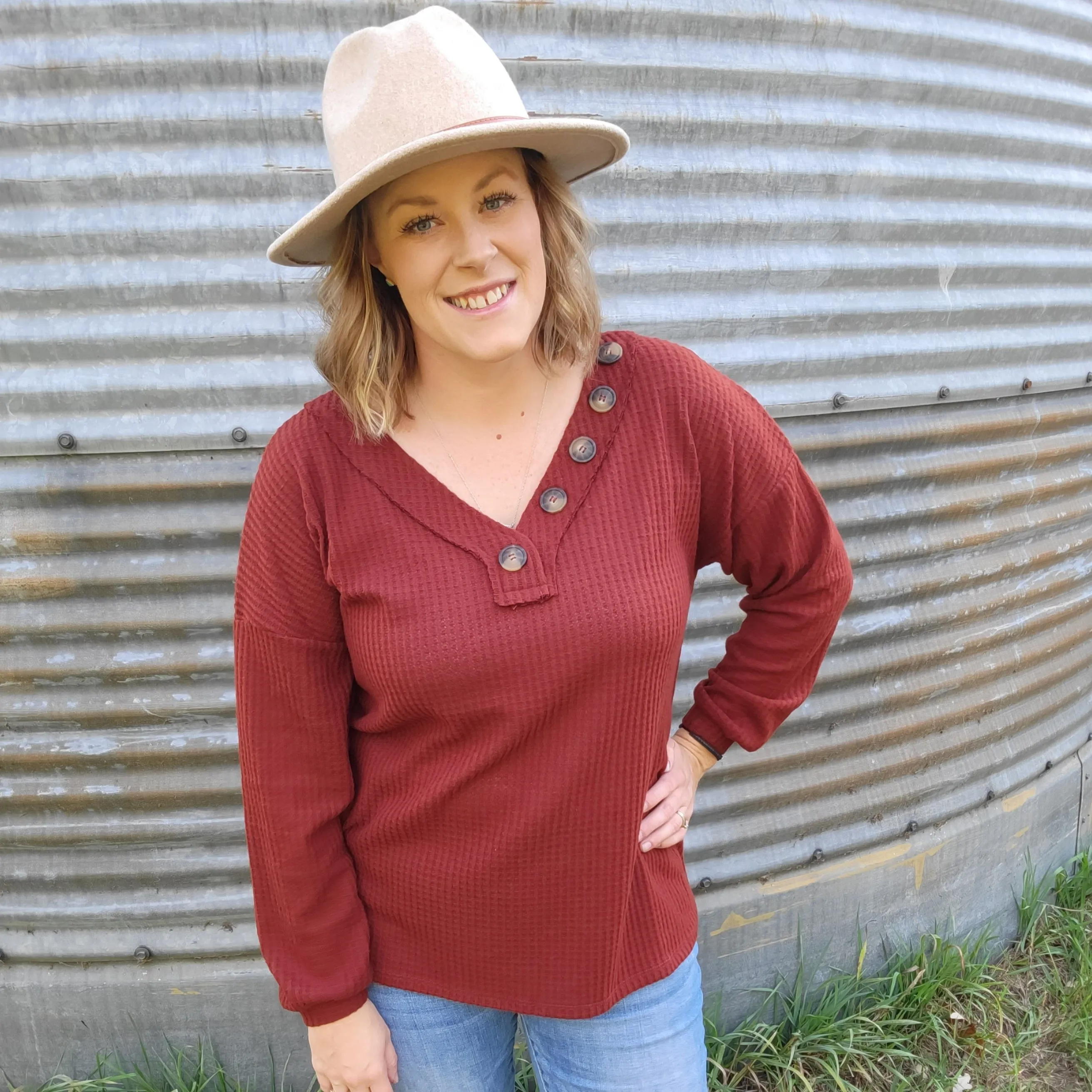 Waffle Knit V Neck Button Detail Long Sleeve - Rust