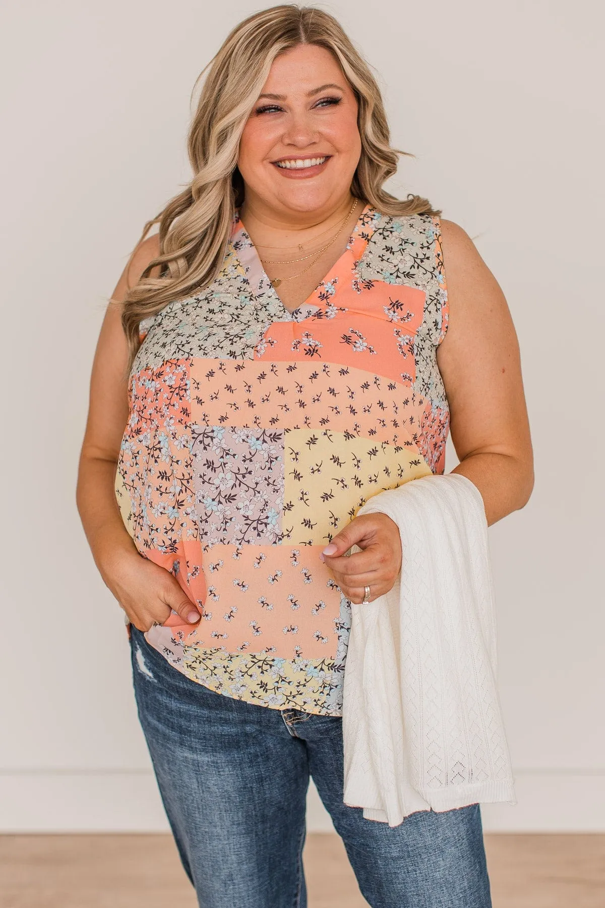 Waiting On Forever V-Neck Tank Top- Peach & Sage