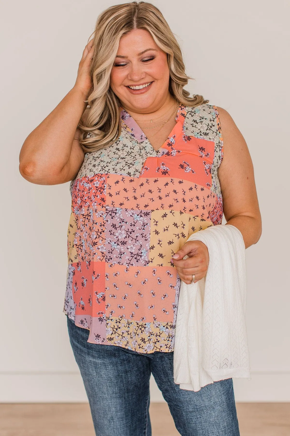 Waiting On Forever V-Neck Tank Top- Peach & Sage