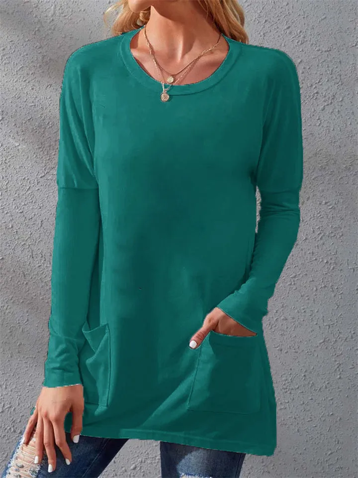 Warm Loose Round Neck Long Sleeve Pockets Women's T-shirts
