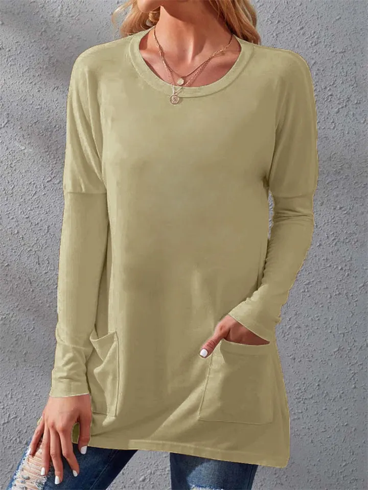 Warm Loose Round Neck Long Sleeve Pockets Women's T-shirts