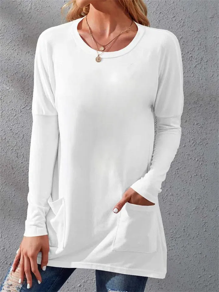 Warm Loose Round Neck Long Sleeve Pockets Women's T-shirts