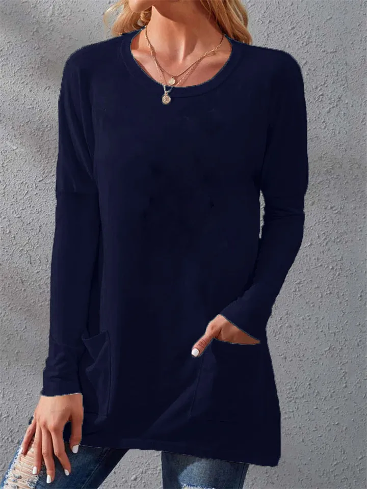 Warm Loose Round Neck Long Sleeve Pockets Women's T-shirts