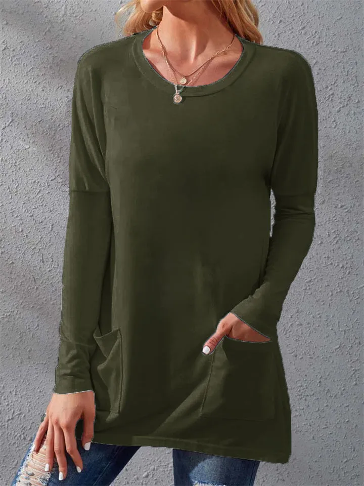 Warm Loose Round Neck Long Sleeve Pockets Women's T-shirts
