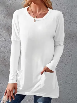 Warm Loose Round Neck Long Sleeve Pockets Women's T-shirts