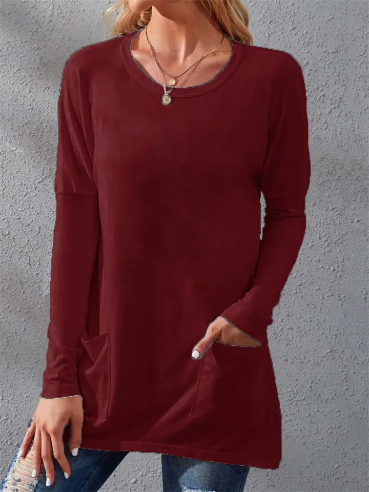 Warm Loose Round Neck Long Sleeve Pockets Women's T-shirts