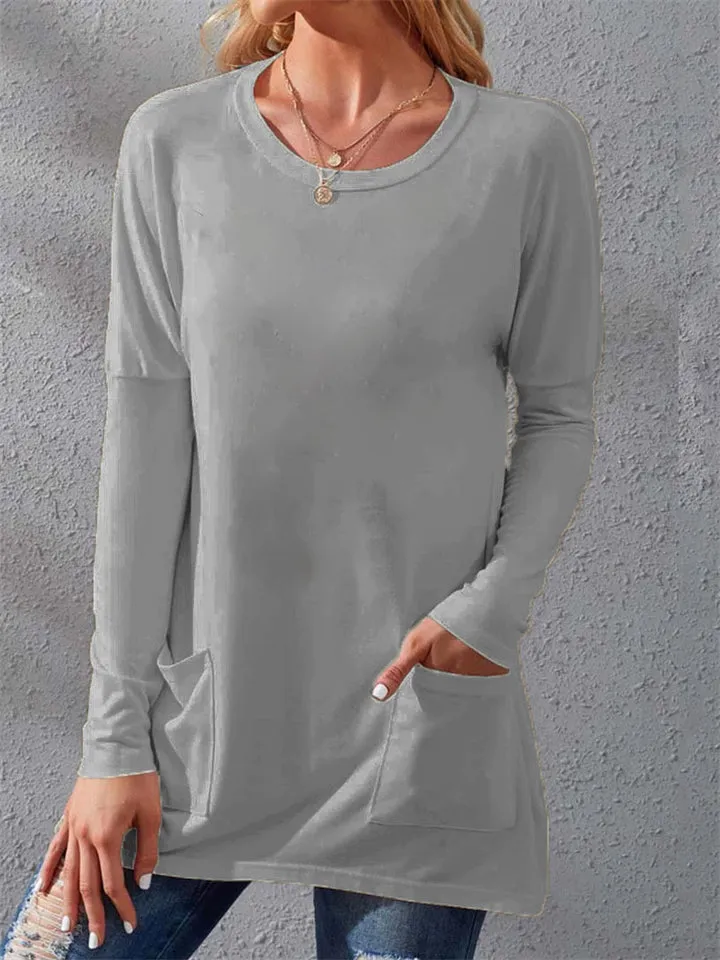 Warm Loose Round Neck Long Sleeve Pockets Women's T-shirts