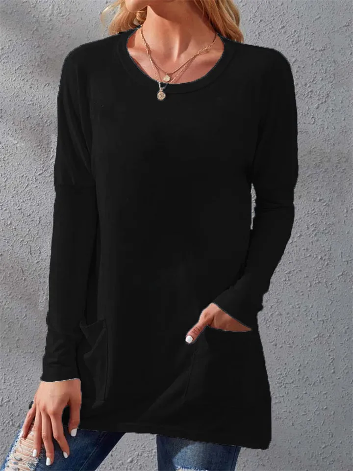 Warm Loose Round Neck Long Sleeve Pockets Women's T-shirts