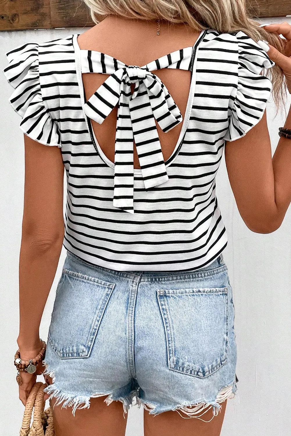 White Stripe Ruffled Sleeve V Neck Hollowed Knot Back T Shirt