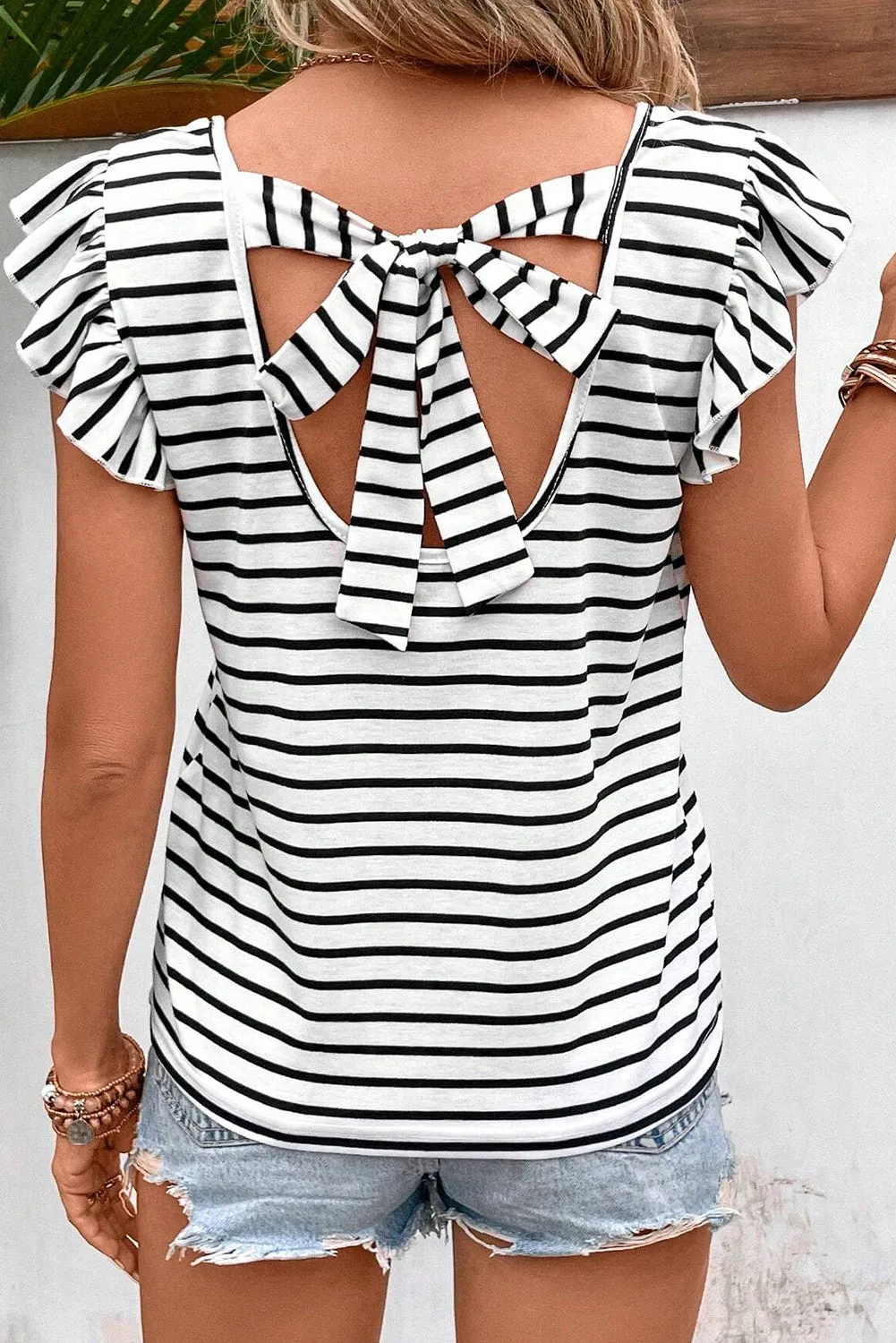White Stripe Ruffled Sleeve V Neck Hollowed Knot Back T Shirt
