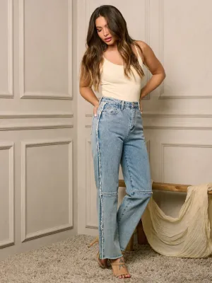 WOMEN'S BUTTON CLOSURE HIGH WAIST WIDE LEGS DENIM JEANS