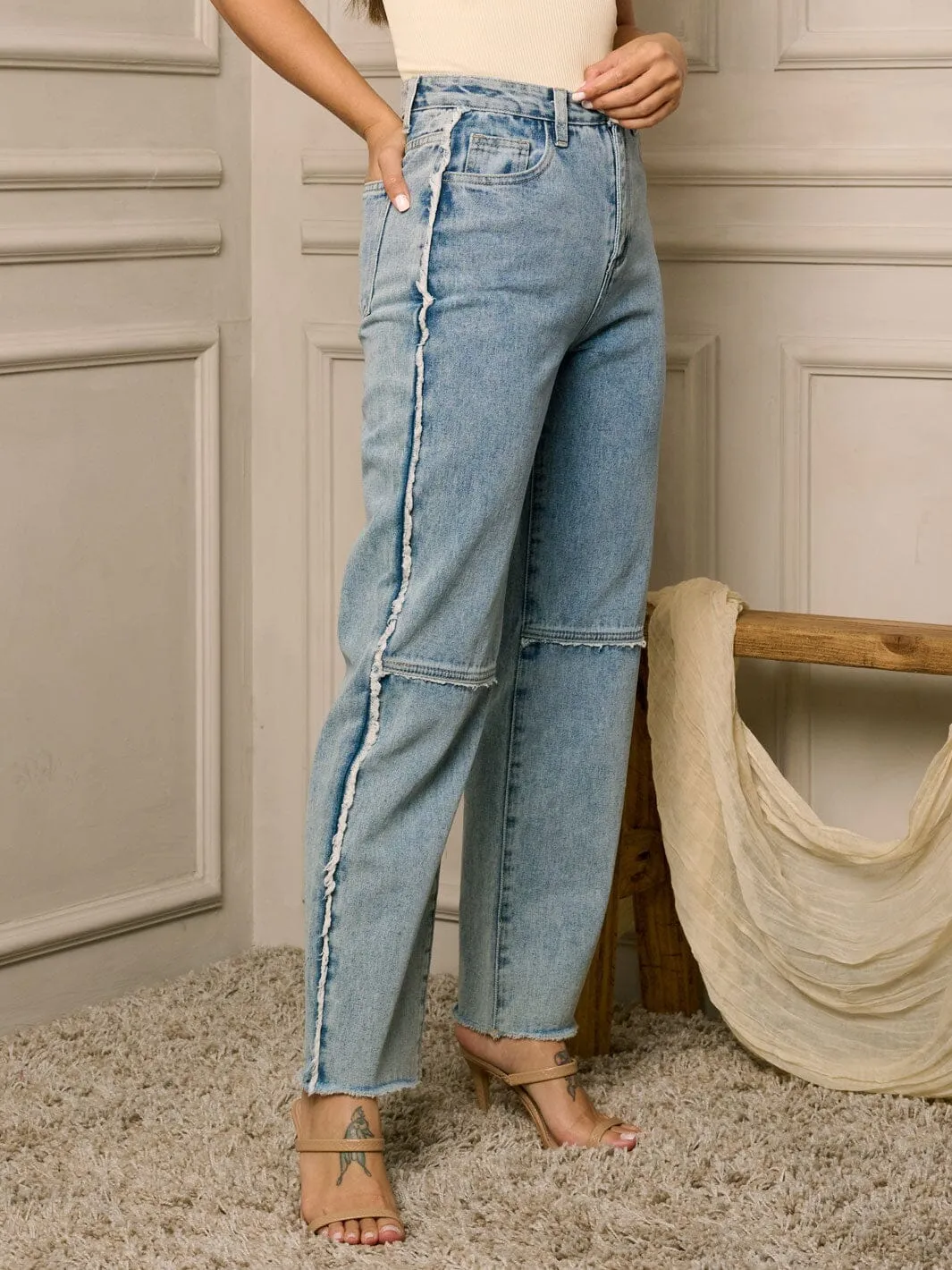 WOMEN'S BUTTON CLOSURE HIGH WAIST WIDE LEGS DENIM JEANS