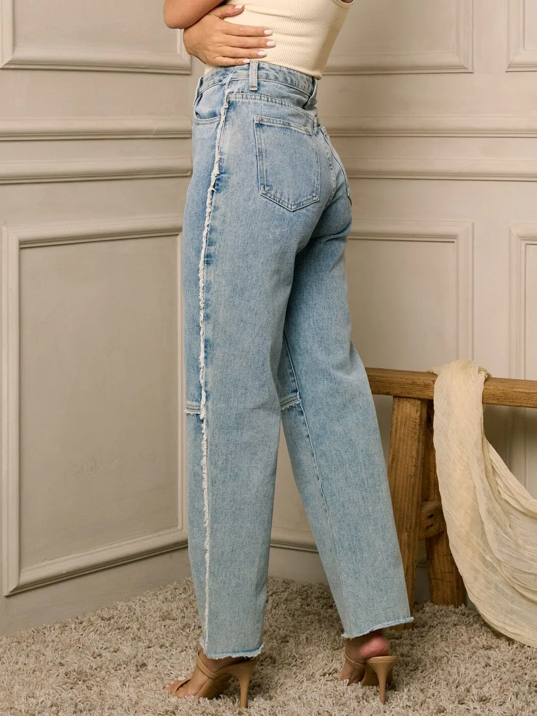 WOMEN'S BUTTON CLOSURE HIGH WAIST WIDE LEGS DENIM JEANS