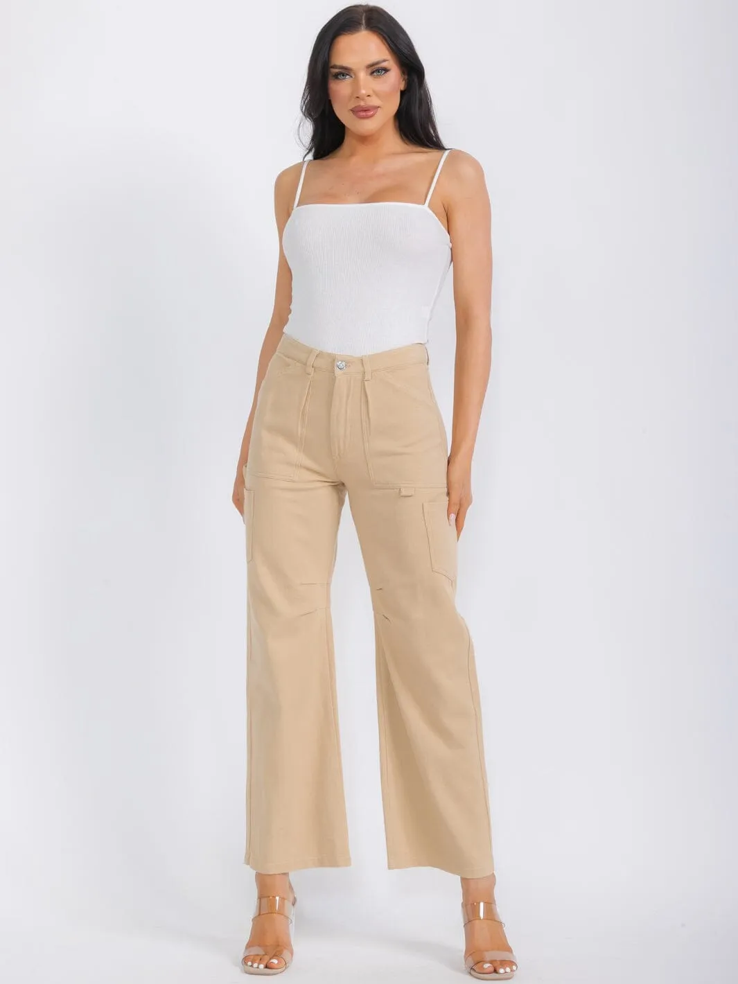 WOMEN'S BUTTON CLOSURE POCKETS WIDE LEG DENIM PANTS