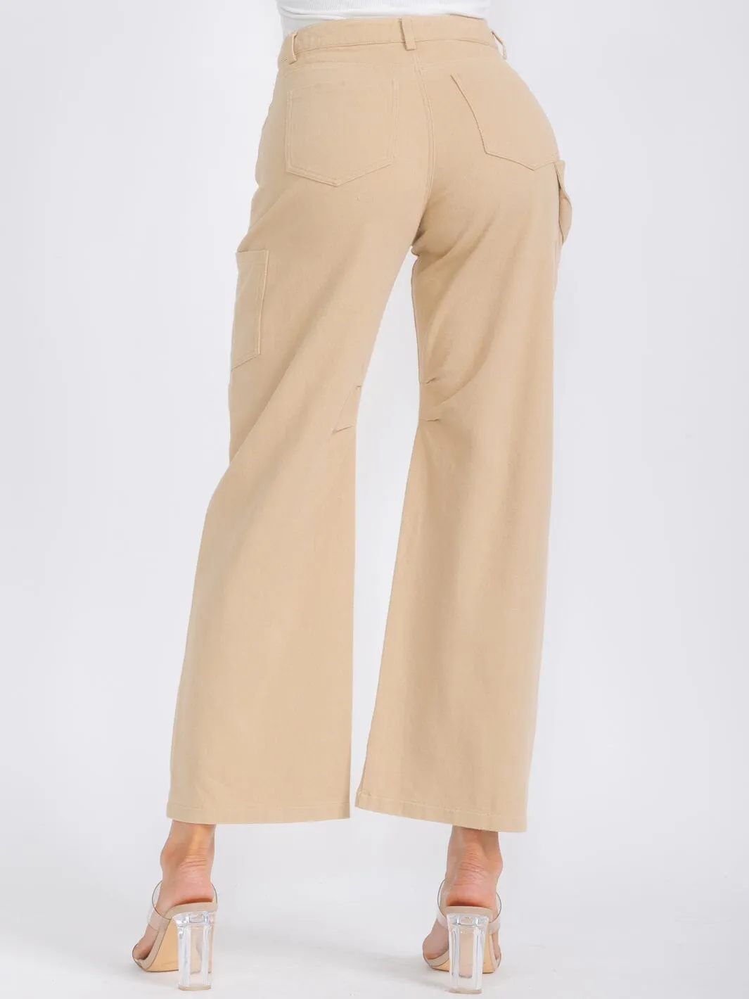 WOMEN'S BUTTON CLOSURE POCKETS WIDE LEG DENIM PANTS