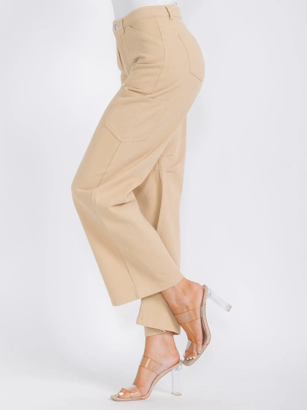WOMEN'S BUTTON CLOSURE POCKETS WIDE LEG DENIM PANTS