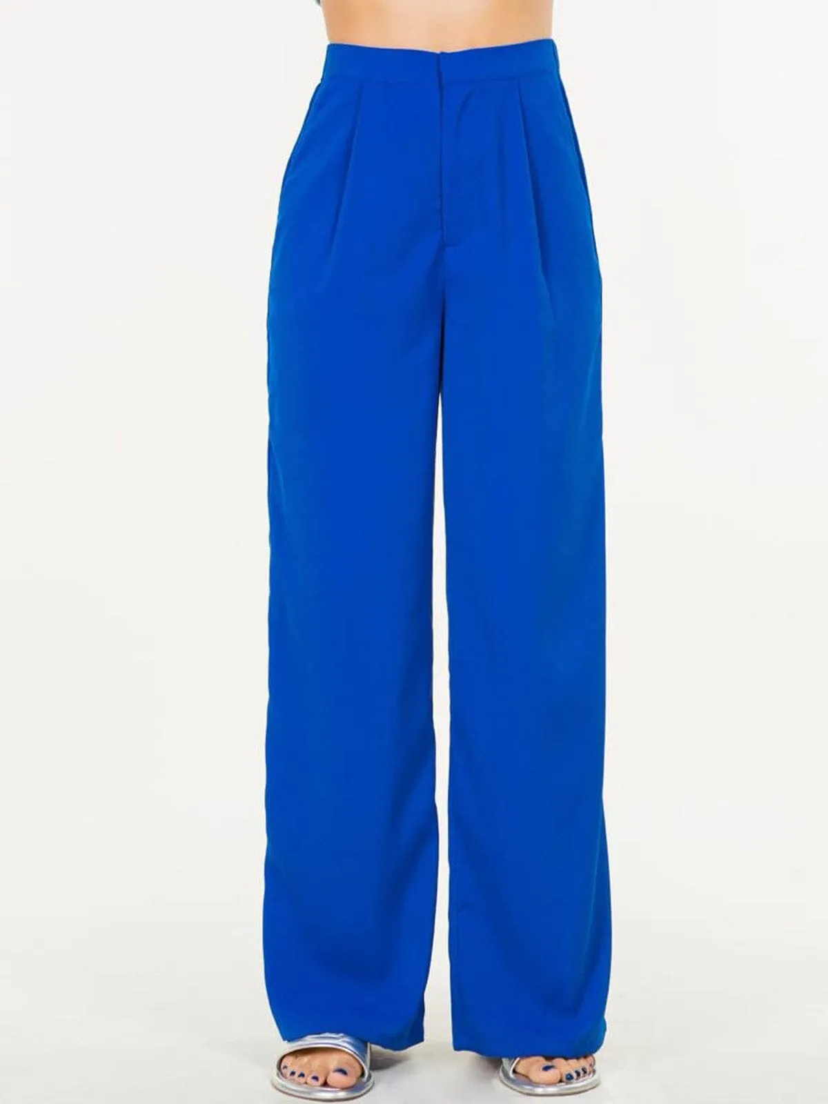 WOMENS BUTTON CLOSURE POCKETS WIDE LEG PANTS