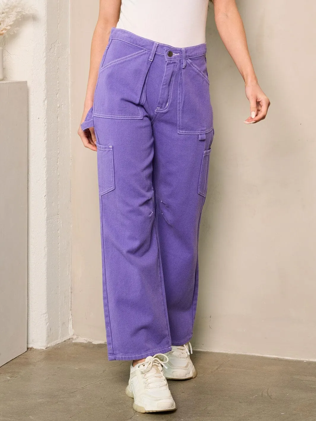 WOMEN'S BUTTON CLOSURE WIDE LEG POCKETS DENIM PANTS