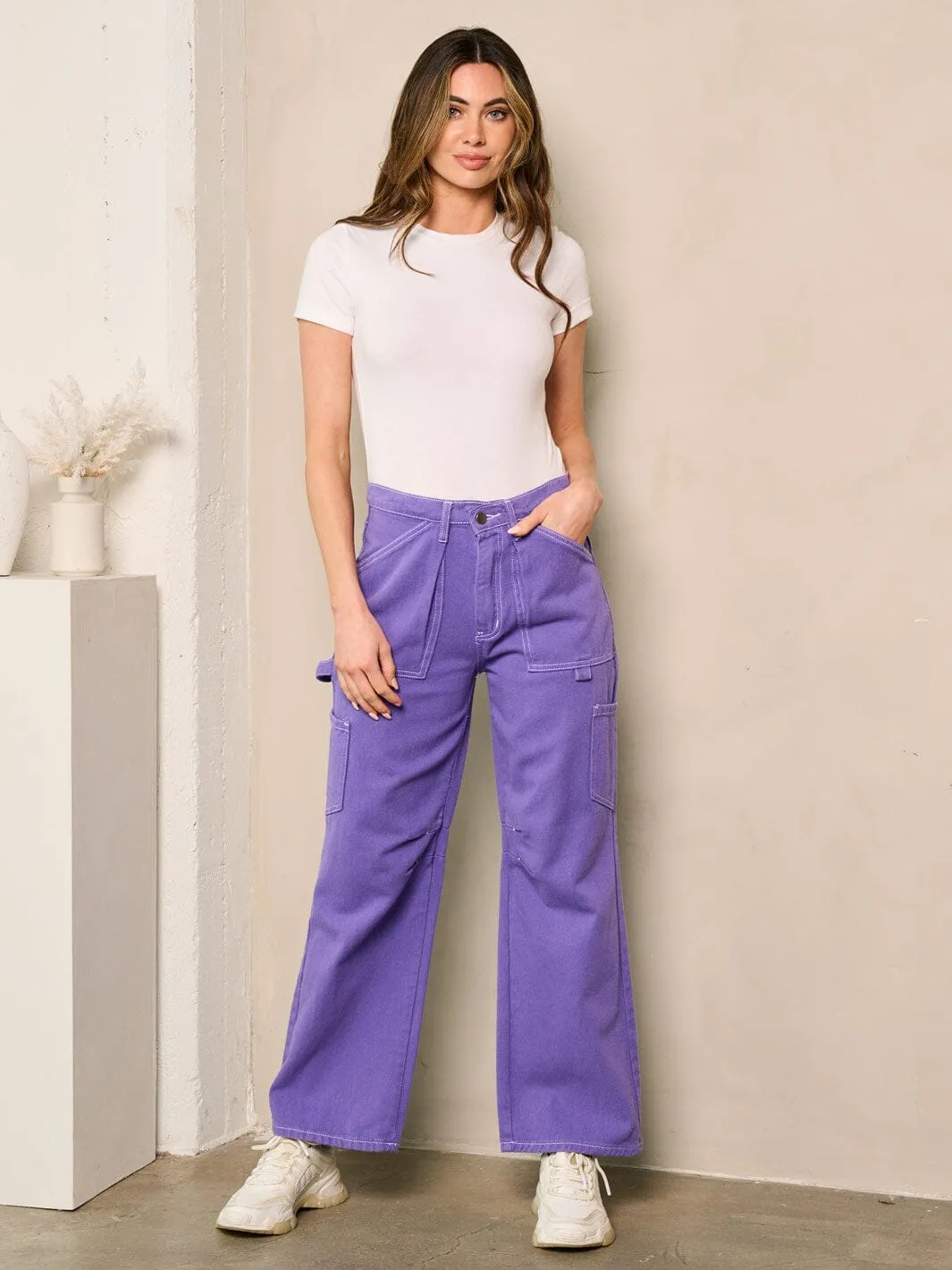 WOMEN'S BUTTON CLOSURE WIDE LEG POCKETS DENIM PANTS