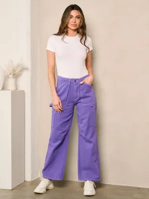 WOMEN'S BUTTON CLOSURE WIDE LEG POCKETS DENIM PANTS