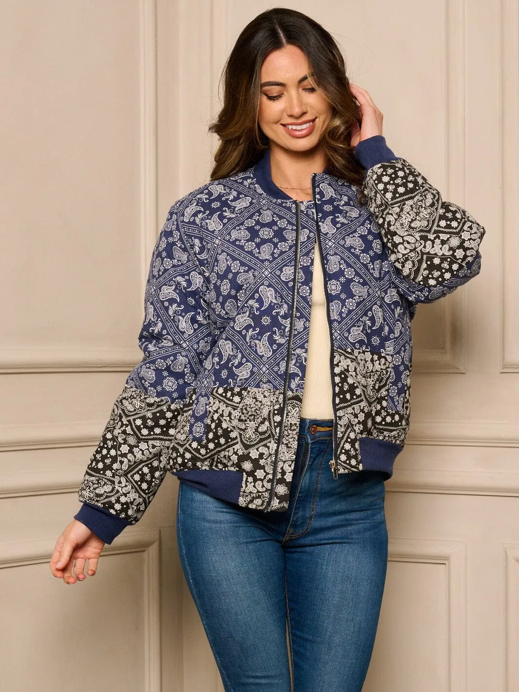 WOMEN'S LONG SLEEVE BANDANA PRINT PUFFER JACKET