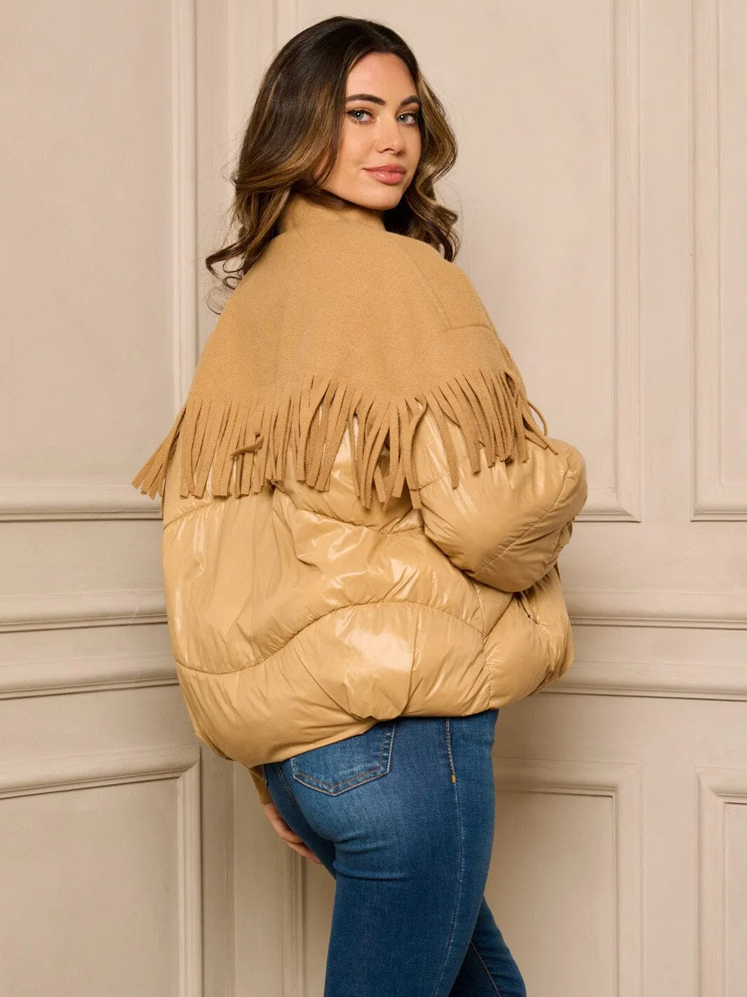 WOMEN'S LONG SLEEVE BUTTON UP FRINGE DETAILED PUFFER JACKET