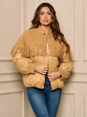 WOMEN'S LONG SLEEVE BUTTON UP FRINGE DETAILED PUFFER JACKET