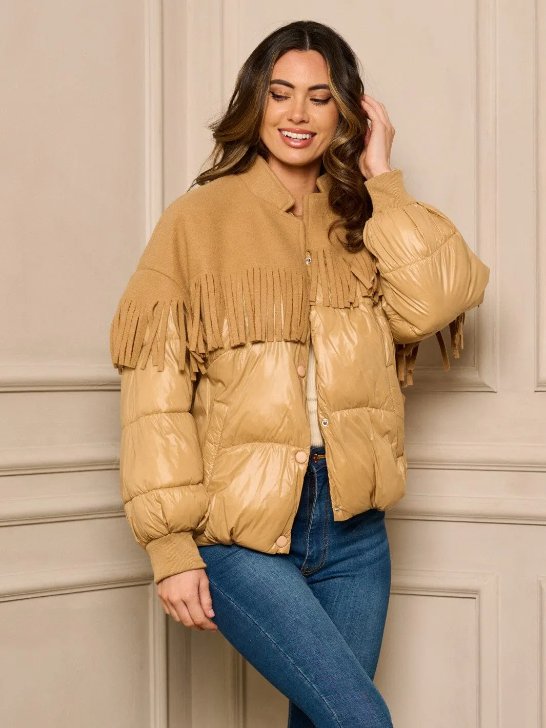 WOMEN'S LONG SLEEVE BUTTON UP FRINGE DETAILED PUFFER JACKET
