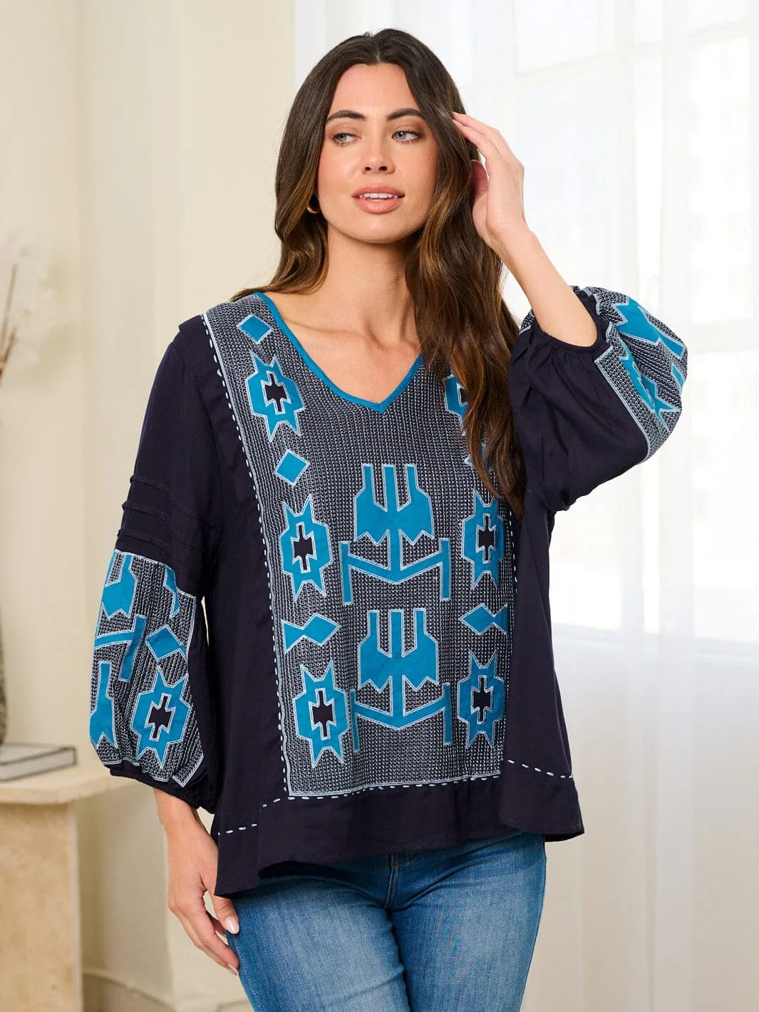 WOMEN'S LONG SLEEVE EMBROIDERY TUNIC BLOUSE TOP