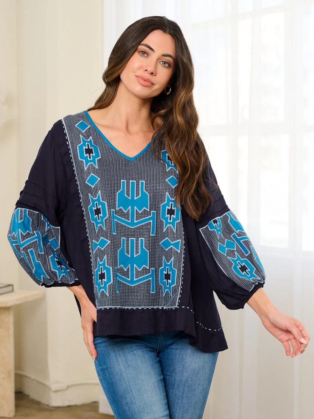WOMEN'S LONG SLEEVE EMBROIDERY TUNIC BLOUSE TOP