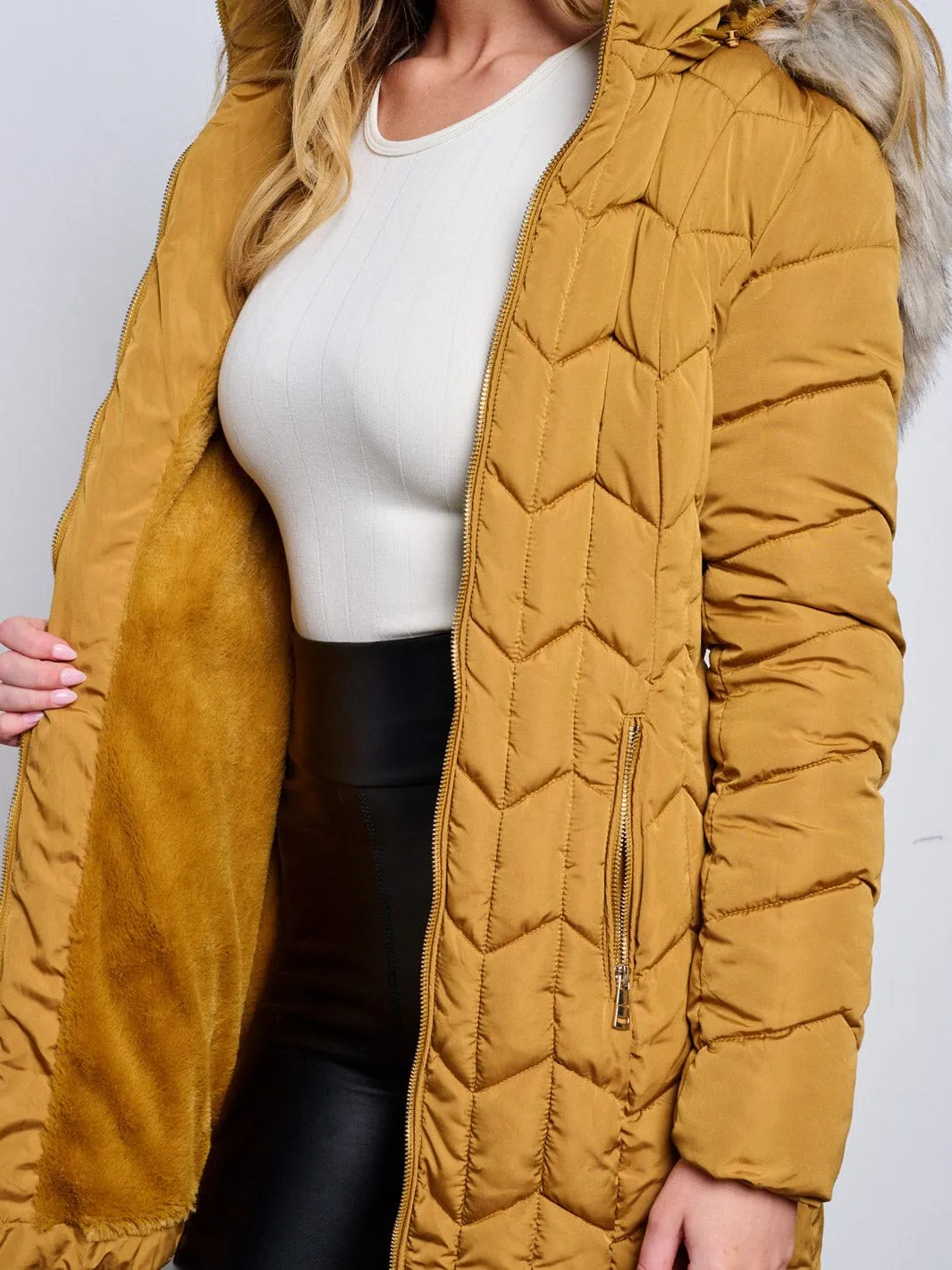 WOMEN'S LONG SLEEVE ZIP UP REMOVABLE SHERPA HOODIE PUFFER JACKET