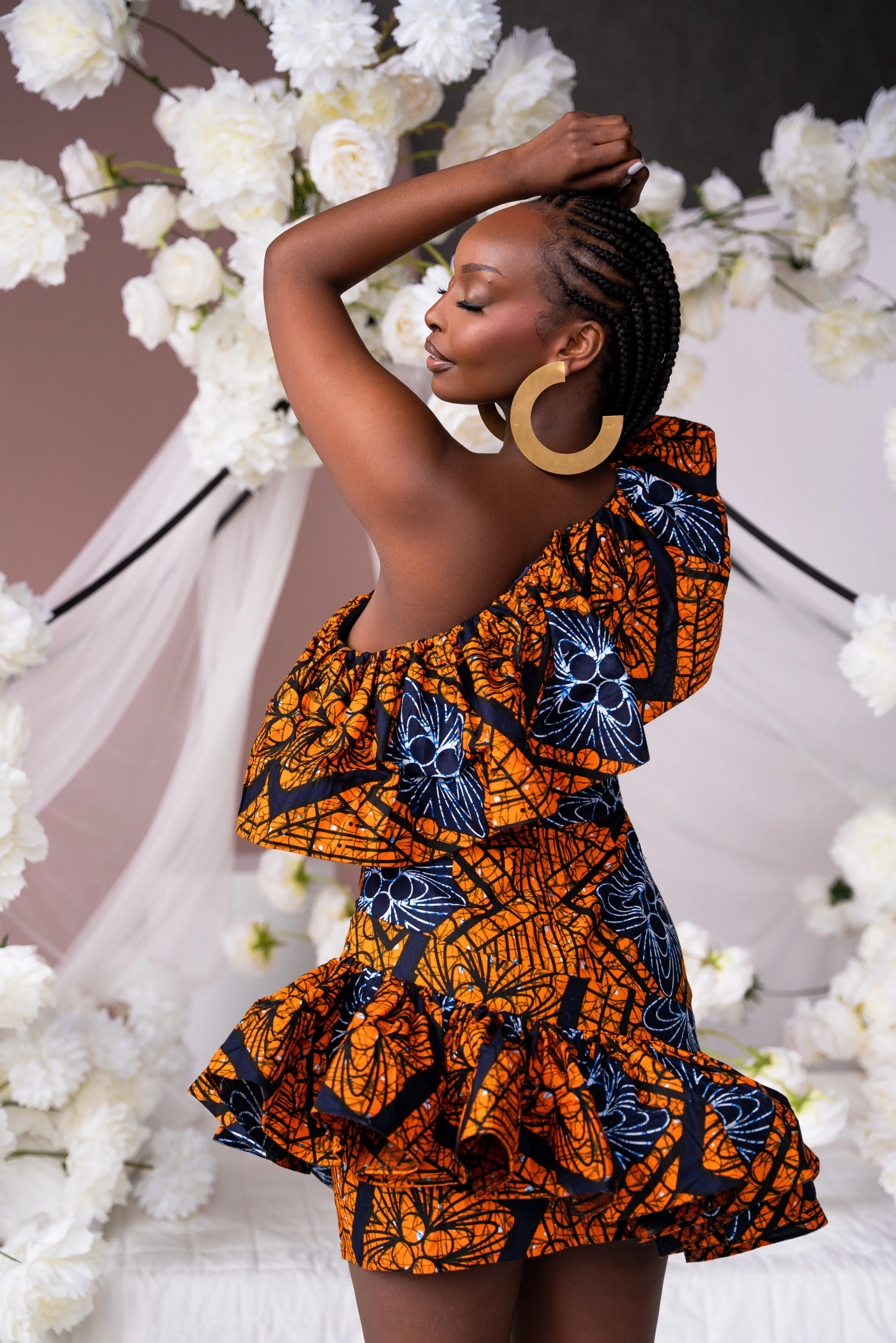 ZEZE African Print One Sleeve Ruffle  Mini Dress
